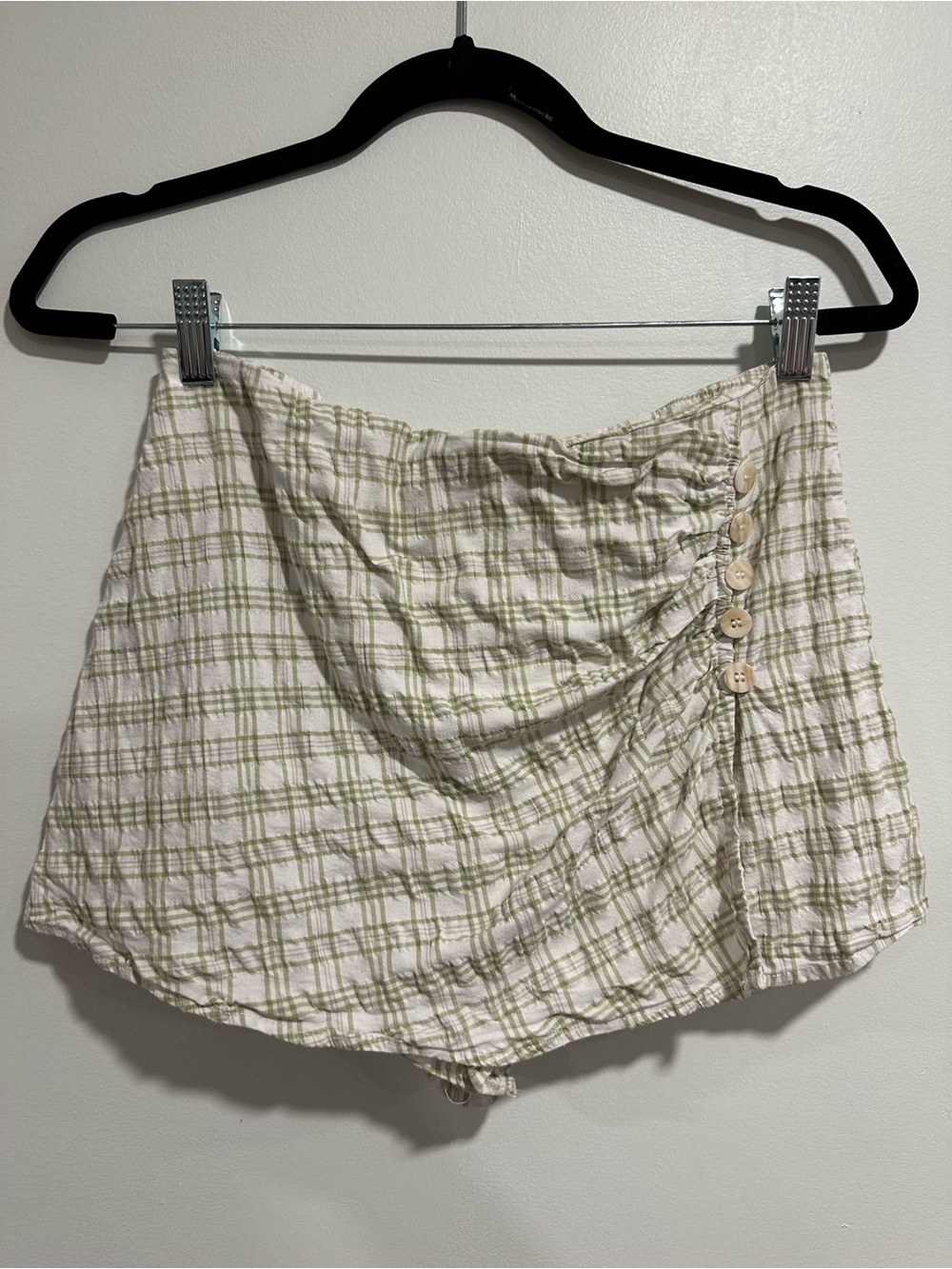 Forever 21 Cream & Light Olive Plaid Mini Skort Cotton Medium Cottage gingham M
